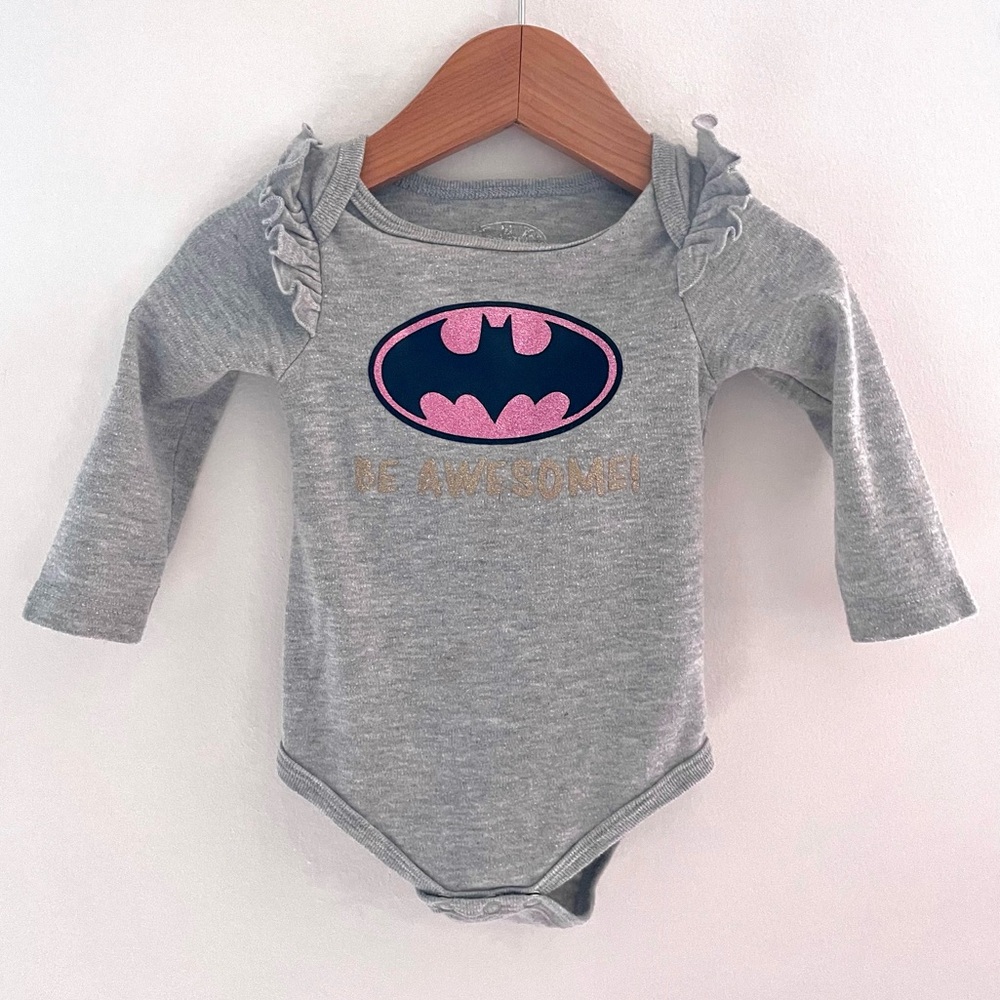4/$20💥Batman Baby Girl Onesie, Glitter Pink & Gold, Flounce Ruffle Sleeve